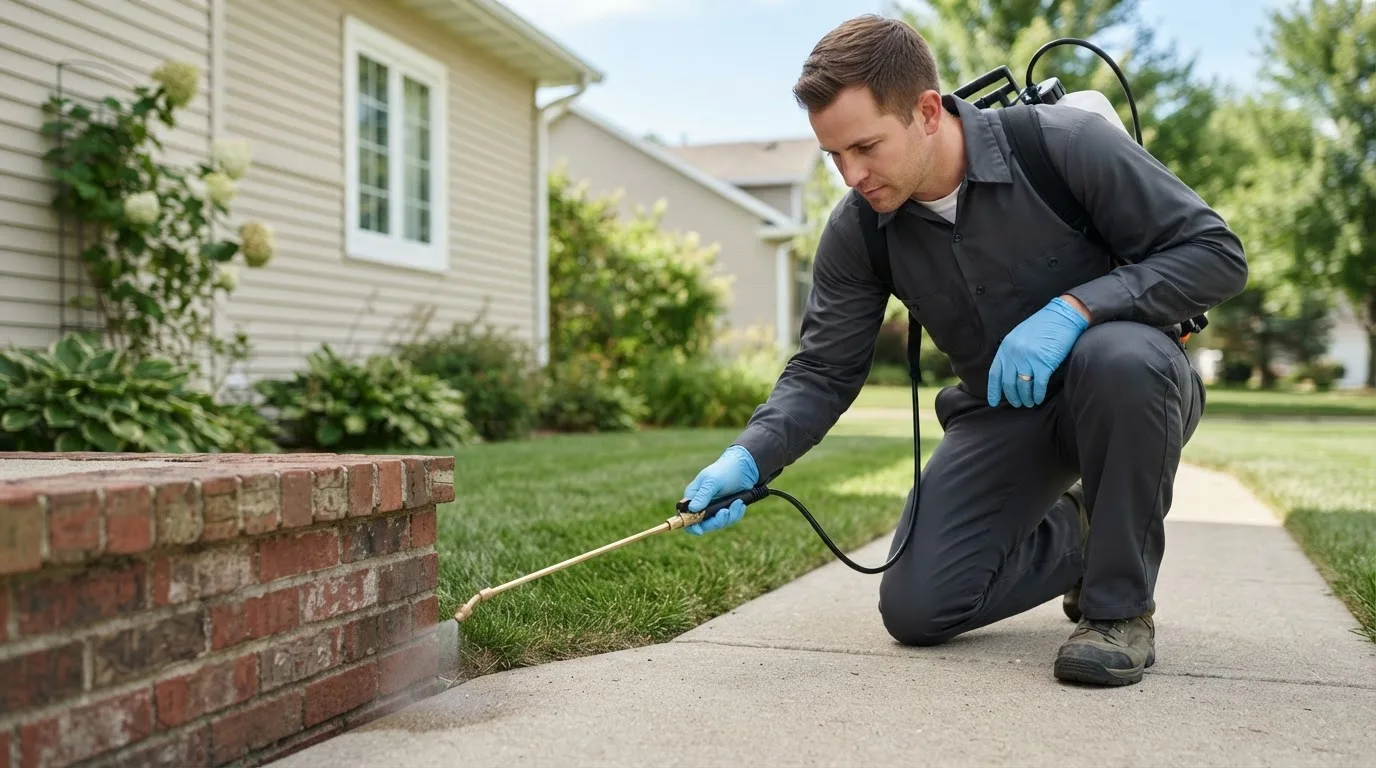 Pest control technician treating a home near Plantersville, TX